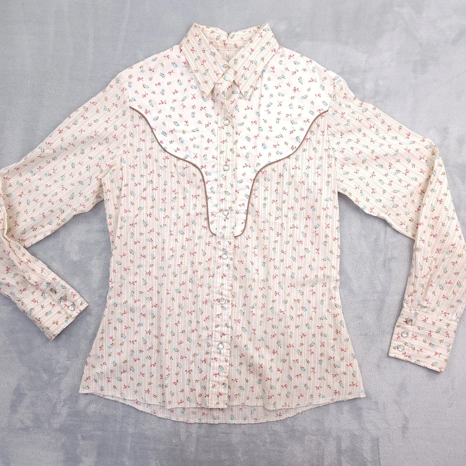 De colección Años 70 Wrangler Western Floral Perla Snap Piping Marrón 34 Rosa Azul Ajustado Foto 2 de 4