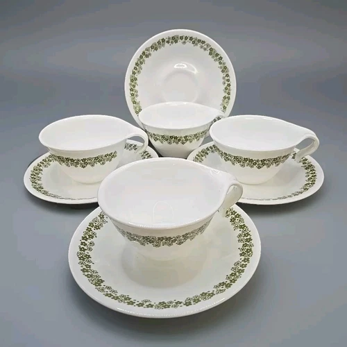 Set 4 Vtg Corelle SPRING BLOSSOM CRAZY DAISY Hook Handle Coffee Cup & Saucer Set