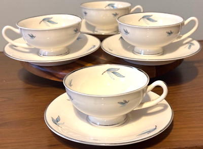 SYRACUSE CHINA Porcelain CELESTE (4) 6oz CUPS & 6'' SAUCERS - Platinum Trim - XPO