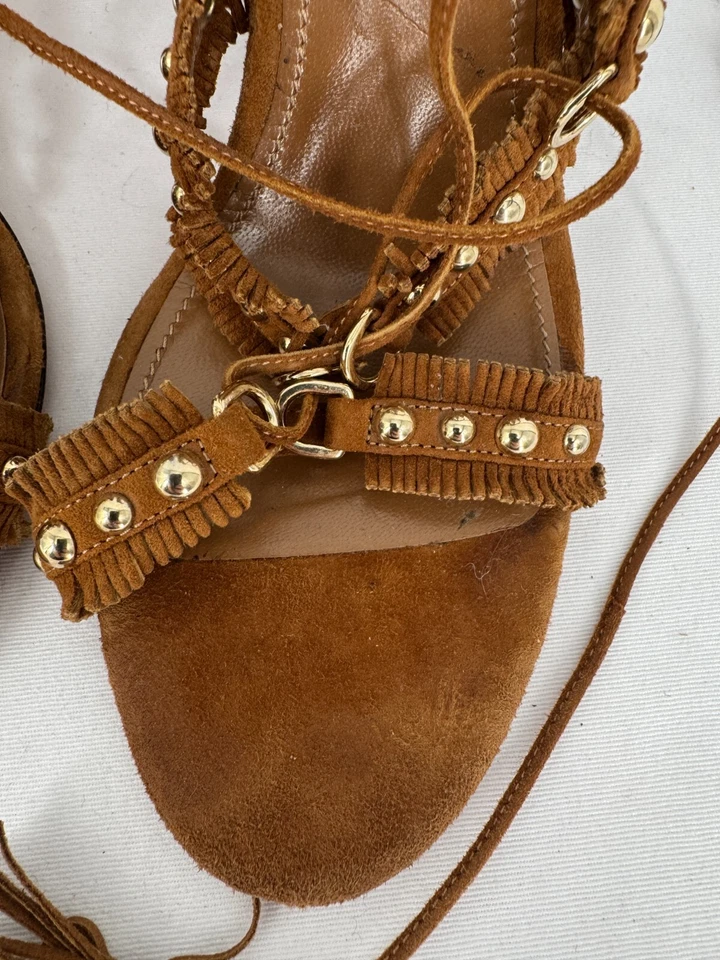 Aquazzura Marrón Gamuza Flecos Tachuelas Tobillo Envoltura Borlas Zapatos Tacones Sandalias Talla 10 Foto 4 de 4