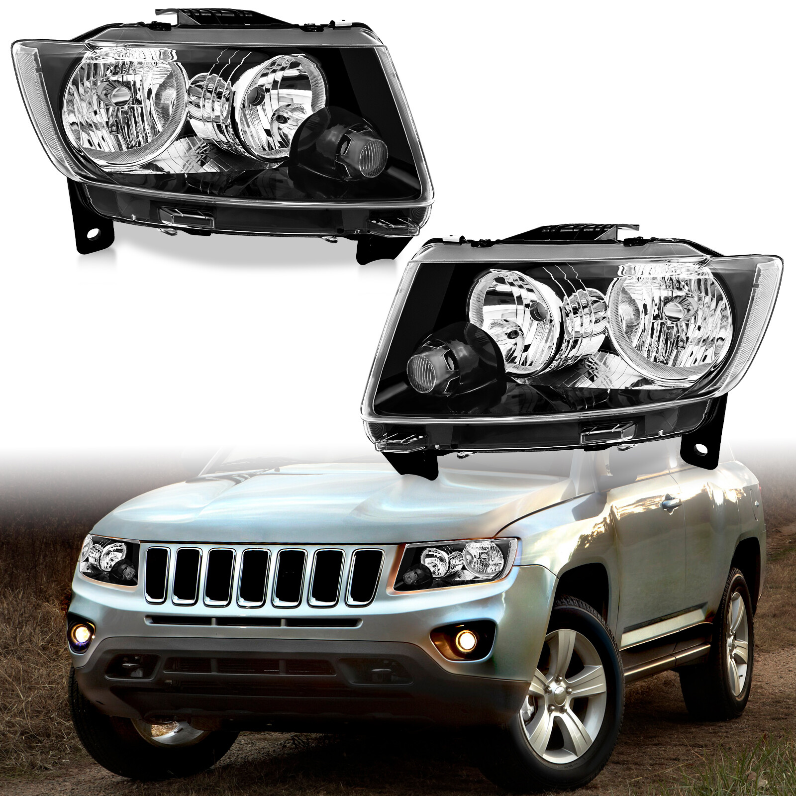 Pair Headlights For 2011-2013 Jeep Grand Cherokee 11-17 Compass Halogen Headlamp