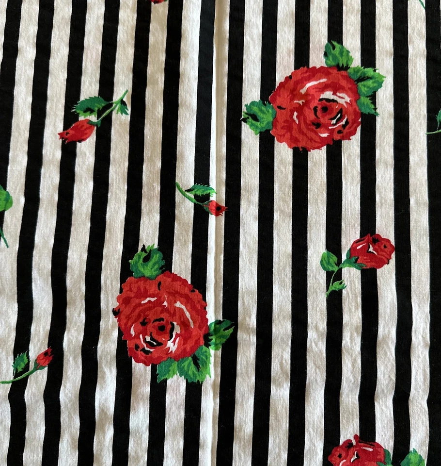 Vtg Cotton Floral Fabric W42”xL1.2Yds Red Roses Vertical Black Stripes on White - Image 2 of 4