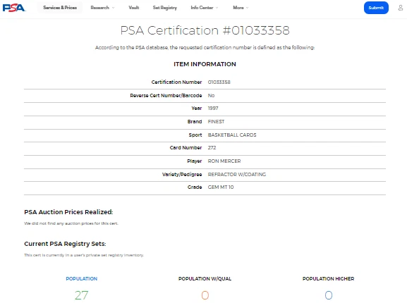 1997 Topps Finest Refractor with Coating #272 Ron Mercer PSA 10 Gem Mint POP 27 - Image 3 of 4