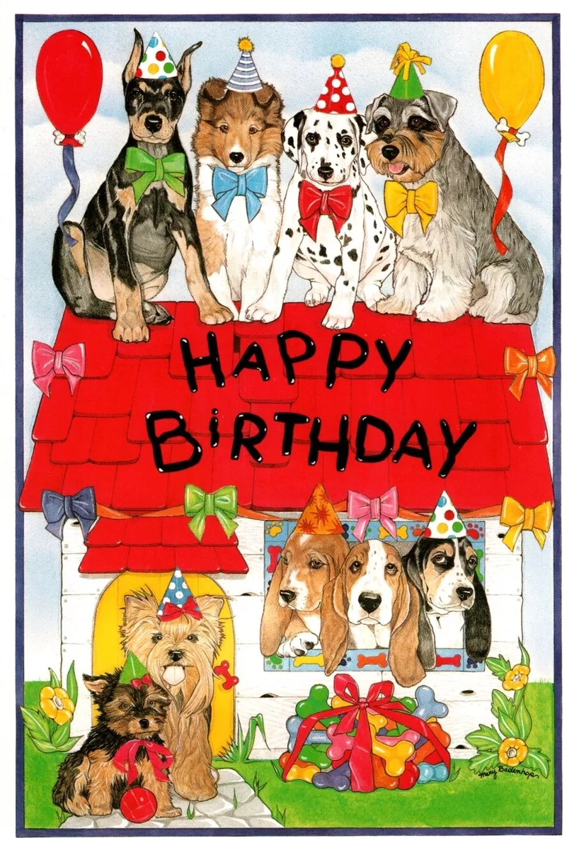 Funny Happy Birthday For Dog Puppy Party In Doghouse Greeting Card