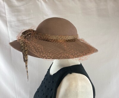 Vintage Felt Wool Wide Brim Hat Netting Pheasant Feather  display picture 1