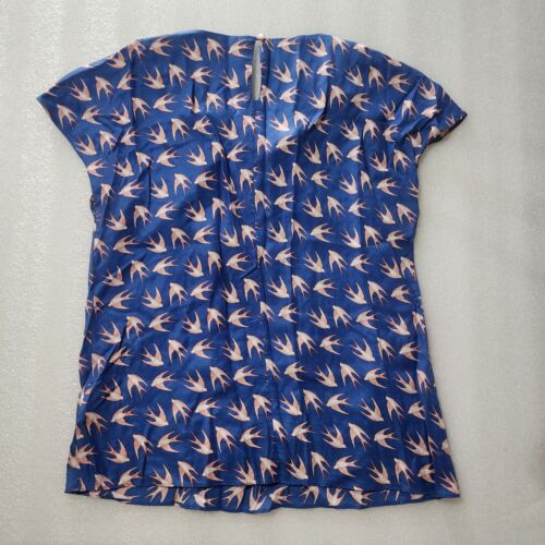 Boden Blue w/ Orange & White Birds Pleated Scoop Neck S/S Top UK 12 US 8 - Picture 4 of 4