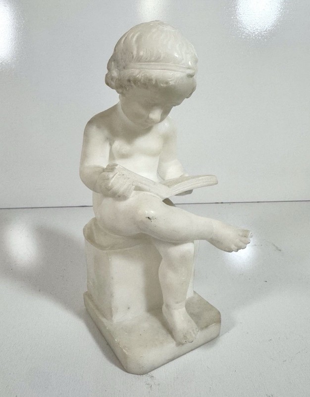 Umberto Stiaccini Marble Sculpture Boy Reading Bonded Italy Figurine Signed