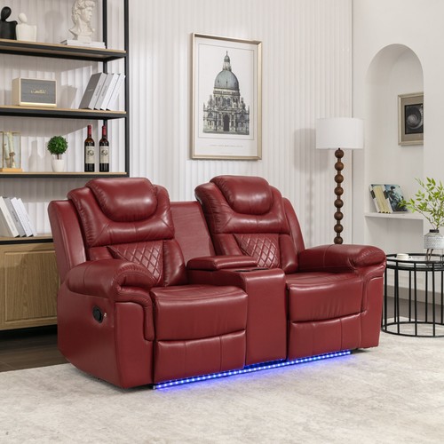 Home Theater Manual Recliner Loveseat - Storage, Cupholders, LED, Wine Red - Picture 2 of 19