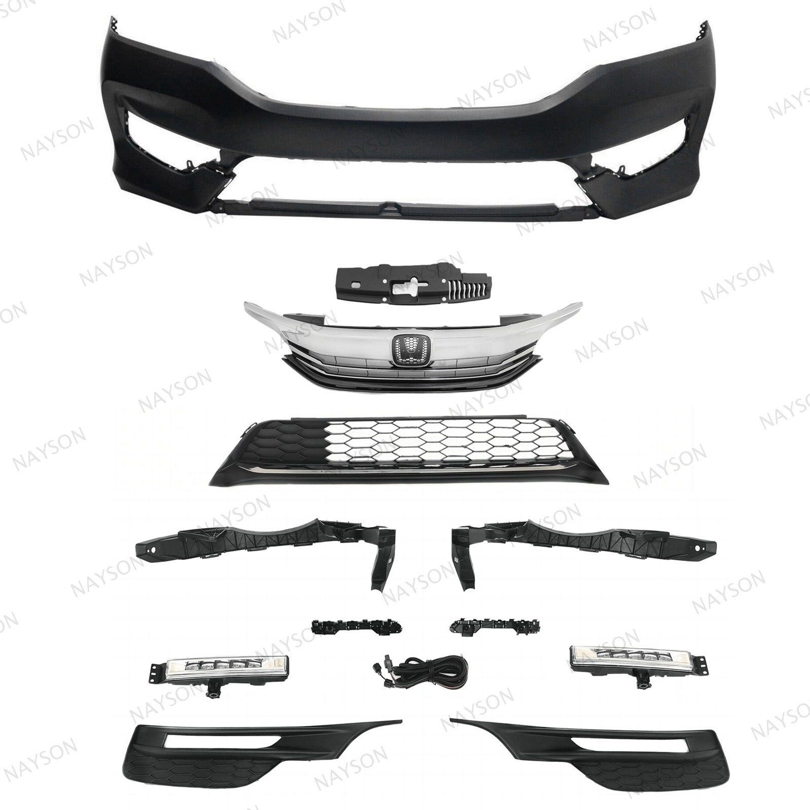 For Accord 2016-17 Front Bumper Cover/Upper Lower Grilles/LED Fog Lamps/Retainer