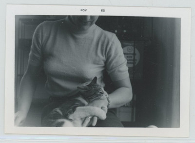 Cute Kittie Cat Cuddling Beautiful Women's Lap Arm Snuggling 1965 Vintage Photo