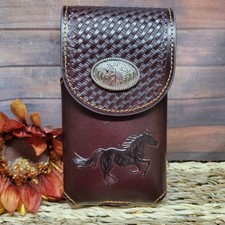 Horse Cowboy Belt Loop Phone Holster CoffeeBrown LARGE Genuine Leather Embossed