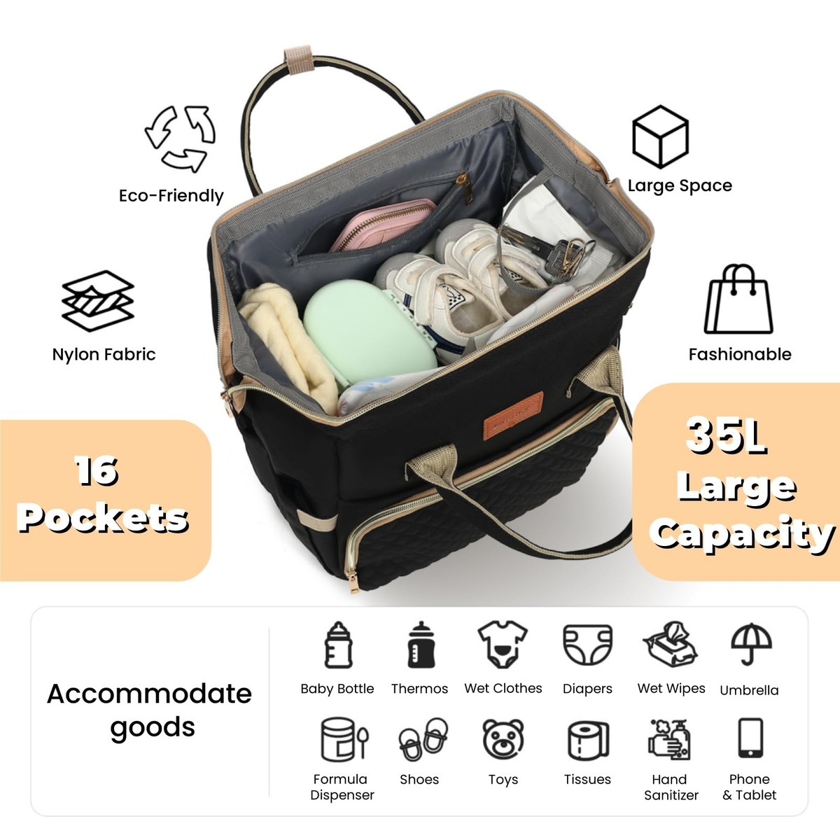 Babbleroo - Travel Essentials Baby Bag With Changing Pad, Black