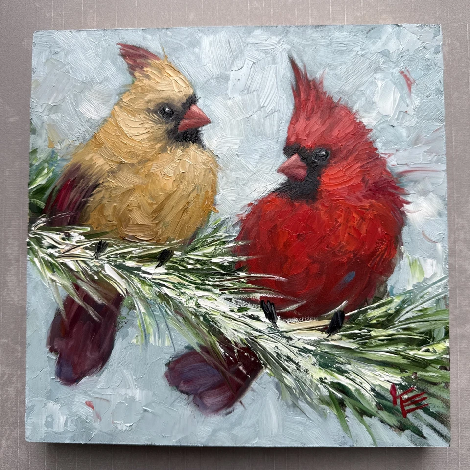 Pintura Original Pájaros Cardenales Sobre Panel 8 X 8 Pulgadas Arte Pájaro Krista Eaton Foto 3 de 4