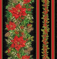 Timeless Treasure - Christmas Poinsettia Border Stripe Metallic Quilting Fabric