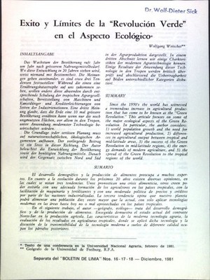 Exito y Limites de la ''Revolucion Verde'' en el Aspecto Ecologico; Weischet, Wolf