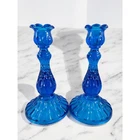 Pair Vintage FENTON Colonial Thumbprint Royal Blue Candlesticks Candle Holders
