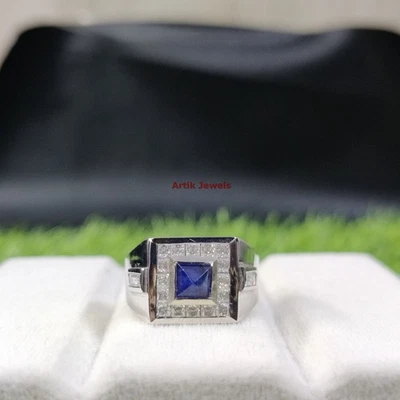 Chauffé Bleu Saphir Pierre Précieuse Avec 925 Argent Sterling Bague pour Homme # - Photo 1/4