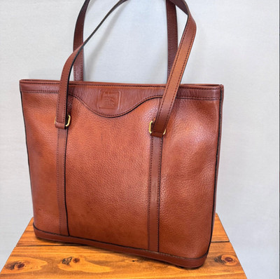 Burberrys Vintage Brown Leather Tote Bag Nova Check Shoulder Handbag England