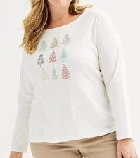Croft & Barrow Size 2X Ivory Knit top w/winter trees on front, long sleeve NWT