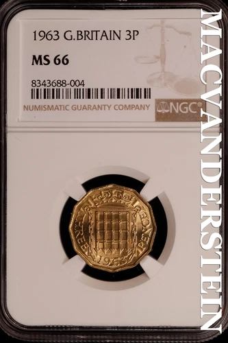 Great Britian:1963 Three Pence-NGC MS 66 Brilliant Uncirculated Top Pop #SLG180