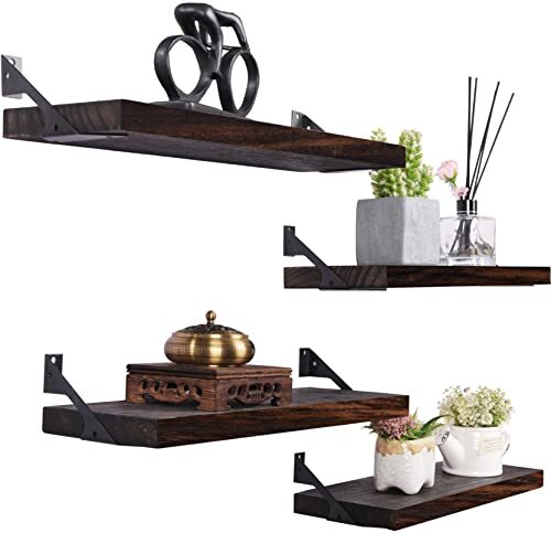 Estantes Flotantes De Madera Rustica - 4 Estantes Con Soportes Triangulares - Para Pared, Decoración De Hogar, Plantas - Color Lavado Blanco
