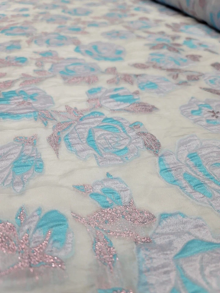 Brocade Lavender Blue Floral Flowers Fabric By The Yard White Organza For Dress - Image 3 of 4