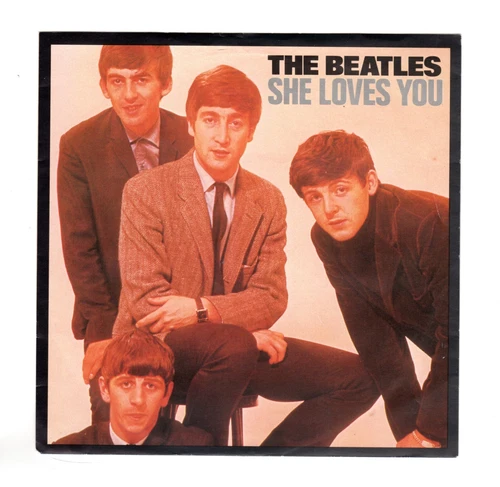 Beatles "She Loves You" 1982 UK Parlophone Black Label Stock Copy 45 & PS