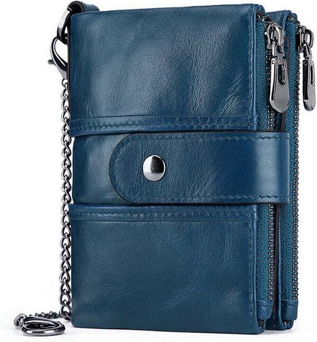 Carteras plegables de cuero real para hombre con doble cremallera monedero con cadena - Imagen 6 de 29