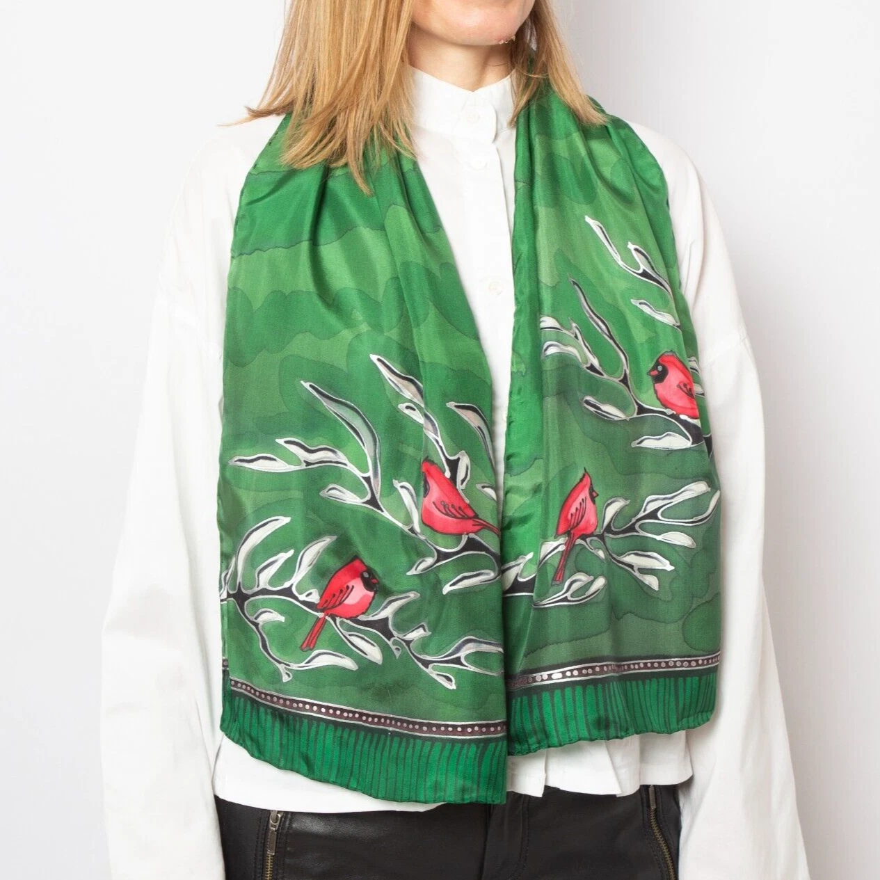Cardinal Bird Hand Painted Silk Scarf Green Silk Scarf Spring Scarf Mom Gift