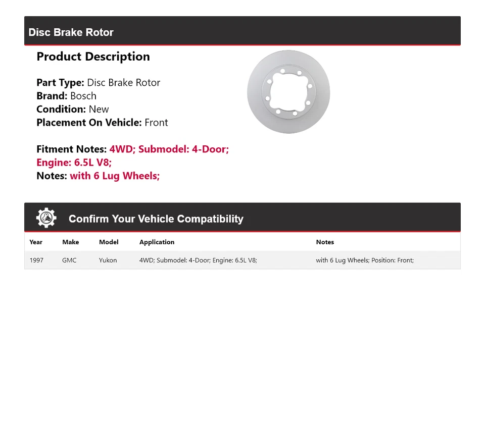 Para GMC Yukon 1997 4 puertas 6,5 L V8 4x4 Bosch QuietCast disco freno rotor delantero Foto 2 de 4