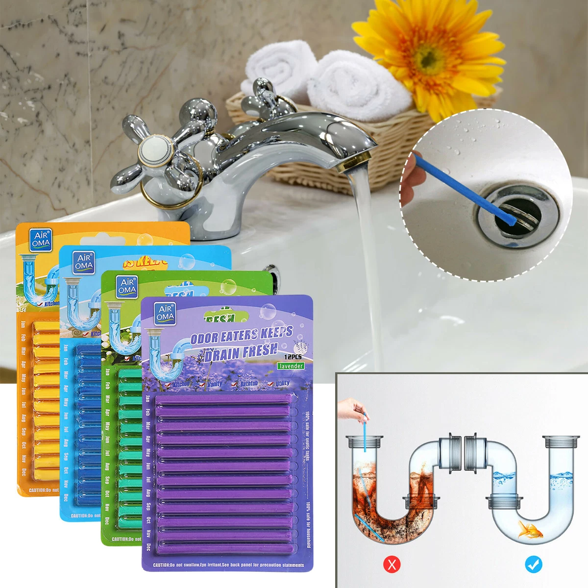 12pcs Sani Sticks Kitchen Toilet Bathtub Drain Cleaner Deodorizer