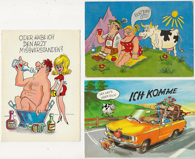 79/444 AK HUMOR EROTIK LIEBE WIESE ALM KÜHE WANNENBAD MASSAGE AUTO HASE PICKNICK