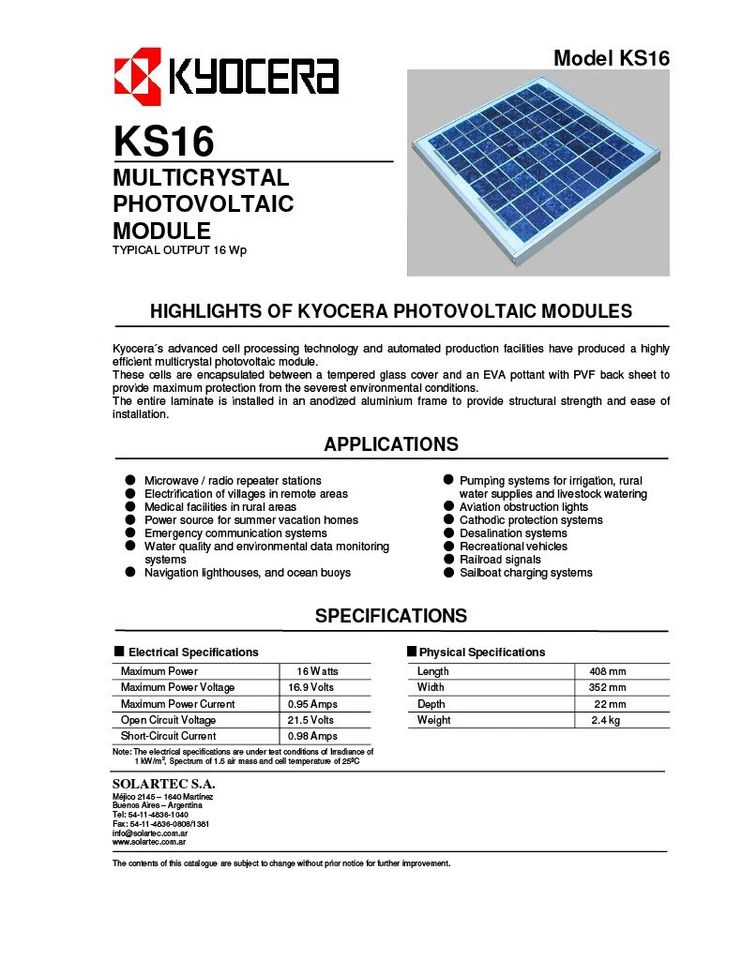 Kyocera KS16 16 Watt Solar Panel Multicrystal Photovoltaic Module NOS - Imagem 4 de 4