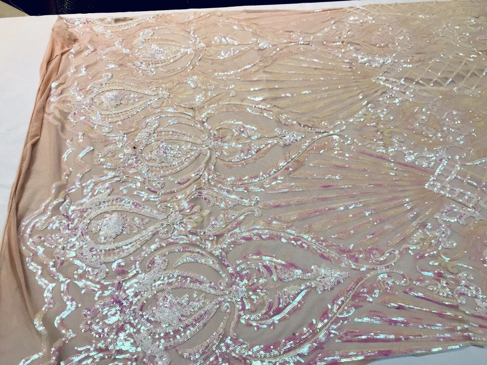 PINK IRIDESCENT DAMASK SEQUINS DESIGN ON A 4 WAY STRETCH NUDE MESH-BY YARD. - Image 2 of 4