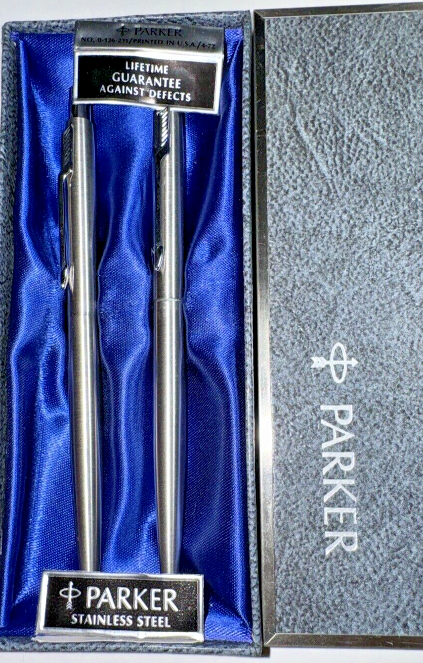 Vtg PARKER Stainless Steel BALLPOIN T PEN & MECHANICAL PENCIL SET Box in Box