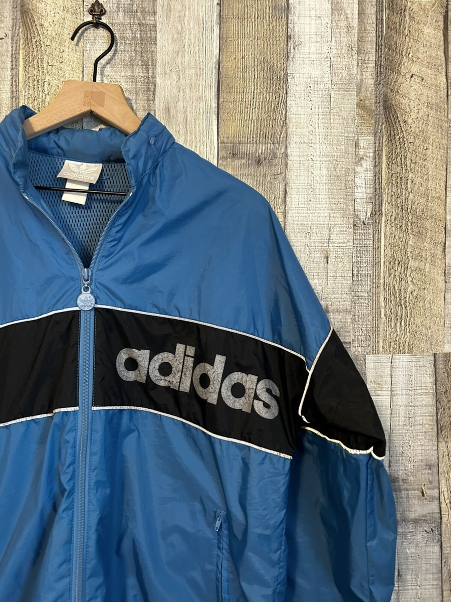 Vintage 80s Adidas Windbreaker Jacket Full Zip Hooded Blue Medium