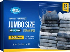 12 Large Plastic Bags with Zipper Top - 5 Gallon Bags 18" X 24", Extra Large Sto