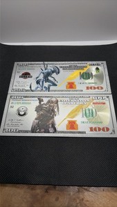 2pc Alien vs Predator Silver Foil Plated $100 Banknote Set Collectible