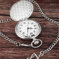 Minimalist Silver Pocket Watch Smooth Double-Sided Case White Arabic Dial Gift