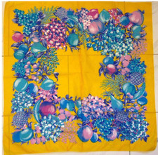 VTG GLENTEX SQUARE SCARF Yellow Blue Floral Fruit SILKY ITALIAN Neck/Hair Tie