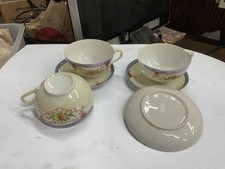 Floral Tea Cup Saucer Set Cream w/ Purple Rim Decorated Glossy Ceramic