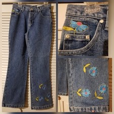 NWT Vintage No Boundaries Juniors 7 Flower Embroidered Denim Blue Jeans Pants
