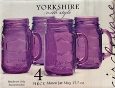 Yorkshire With Style 4 Piece 17.5 Oz Mason Jar Glass Mug Purple. New