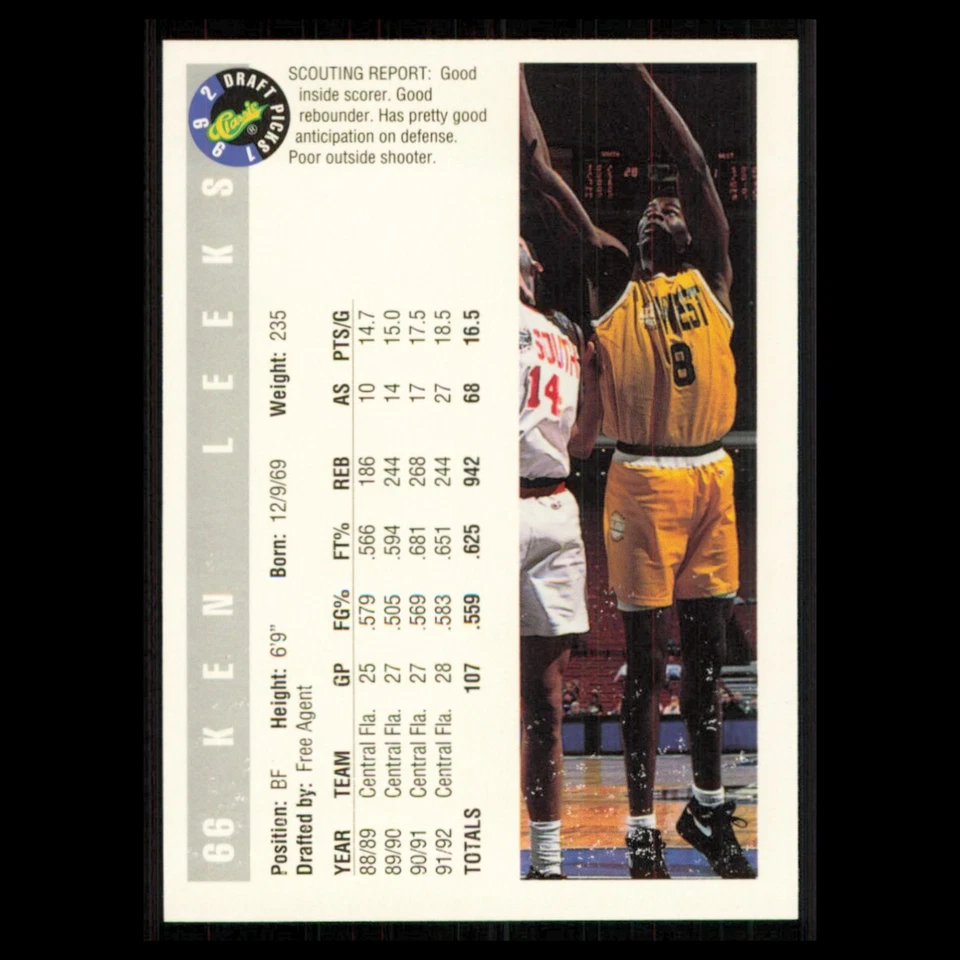 Ken Leeks #66 1992 Classic Draft Central Florida Knights Basketball Card NBA NM - Image 2 of 3