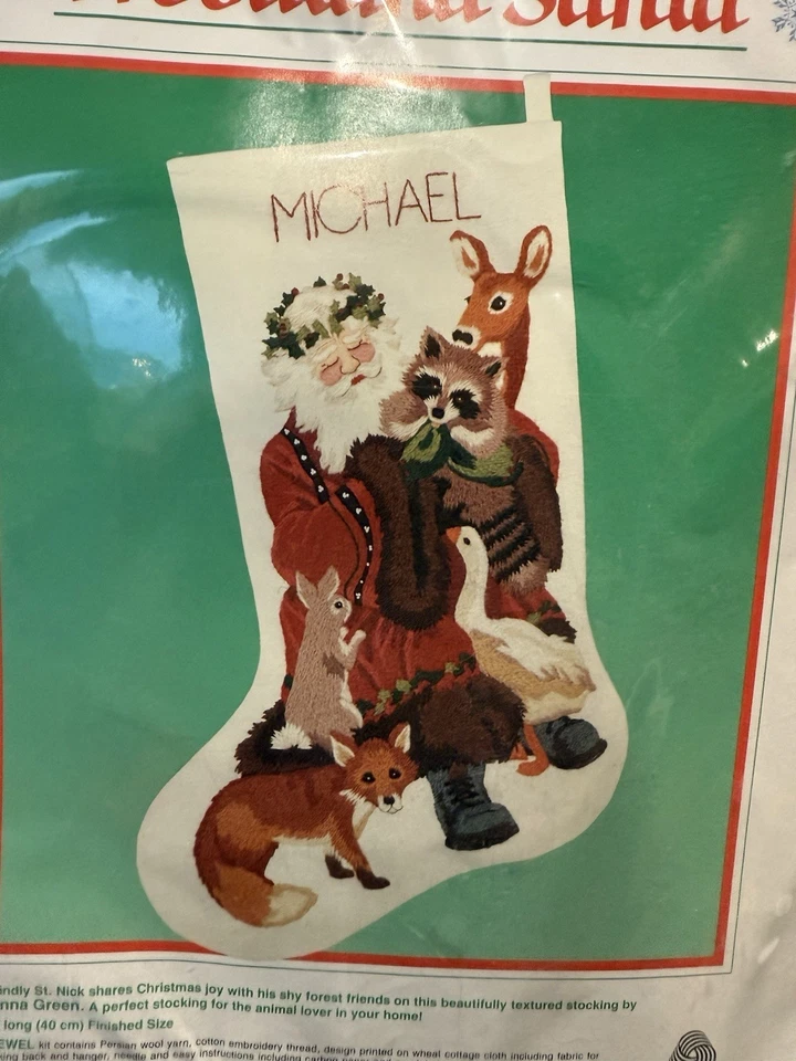 VTG 1989 DIMENSIONS Crewel CHRISTMAS STOCKING Kit WOODLAND SANTA 8069 NEW Sealed - Image 2 of 4