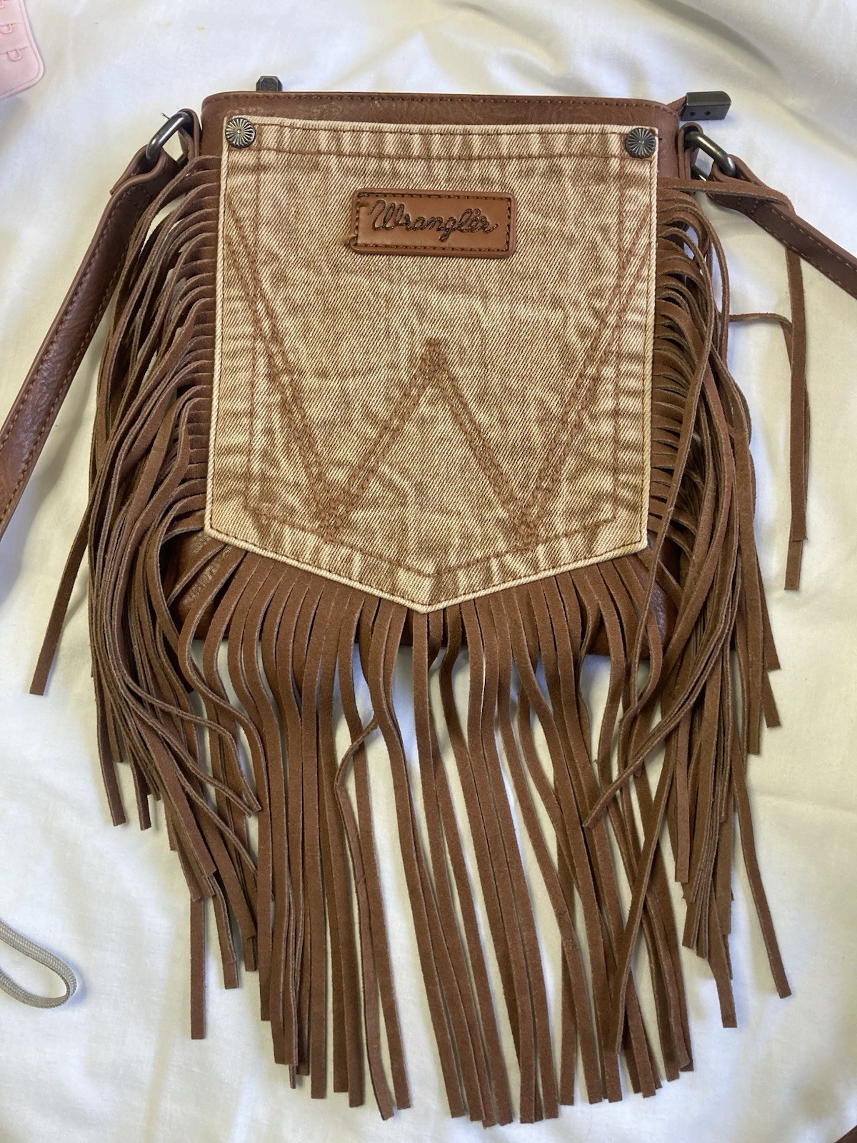 NWOT WRANGLER Denim Jean Pocket Crossbody Purse Fringe Brown Cowgirl Western