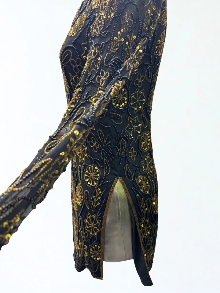 Hand Beaded Black Gold Silk Dress Vintage Papell Boutique Evening Formal - Image 3 of 4
