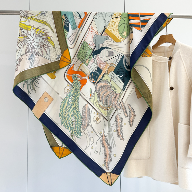 70% Cashmere 30% Silk Wrap Scarf green leaf Print Double Face Print Shawl 53''