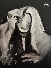 Portrait Cubism Noir Chalk Pastel Drawing 11x14 Original On Paper Signed