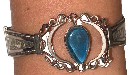 Handcrafted SterlingSilver Spoon Bracelet- Blue Teardrop Centerpiece